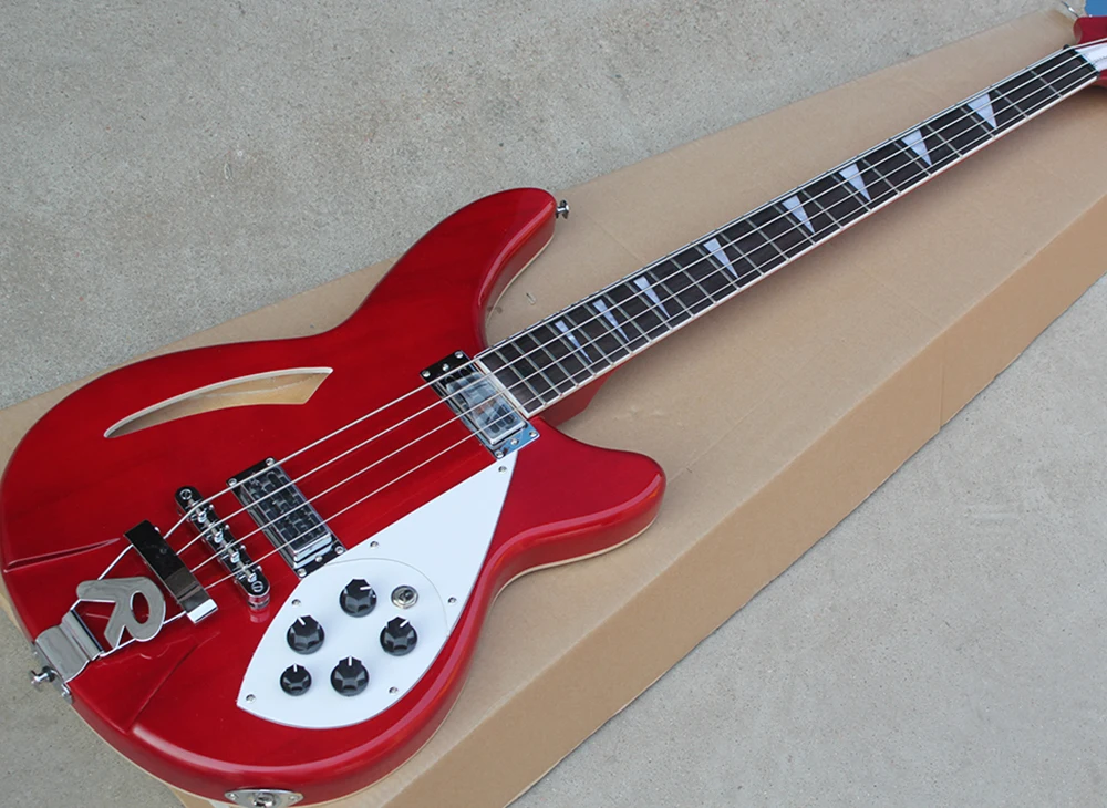 4 Strings Red Semi-hollow Electric Bass with Rosewood Fretboard,Providing Customized Service