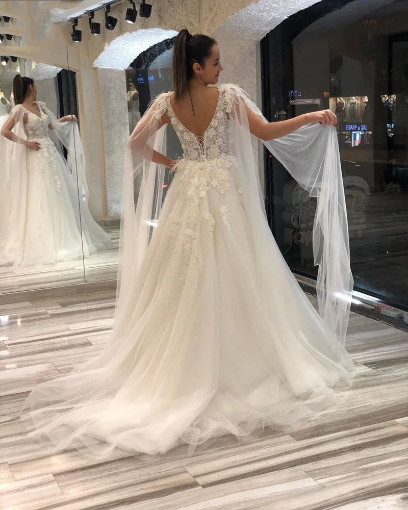 فساتين زفاف إسلامية جديدة 2025 كيب الخامس الرقبة كم طويل دانتيل زينة مطرز ريشة فستان زفاف Vestido de Noiva Mariage