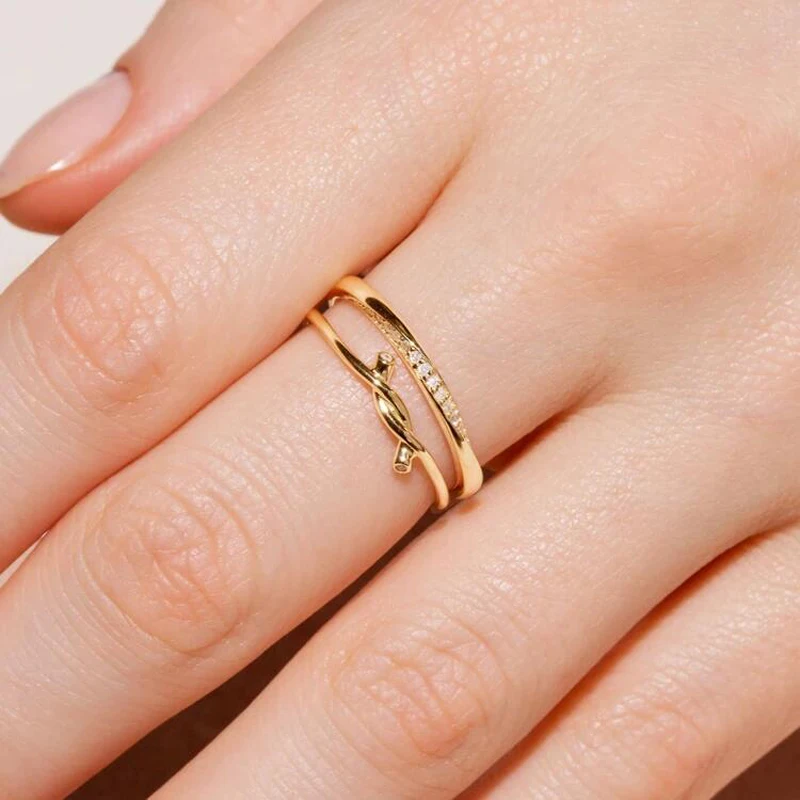 Minimal Delicate 100% 925 Sterling Silver Thin Finger Band 2 Clear CZ Barbed Wire Knot Gold Color Vermeil Dainty Ring For Women