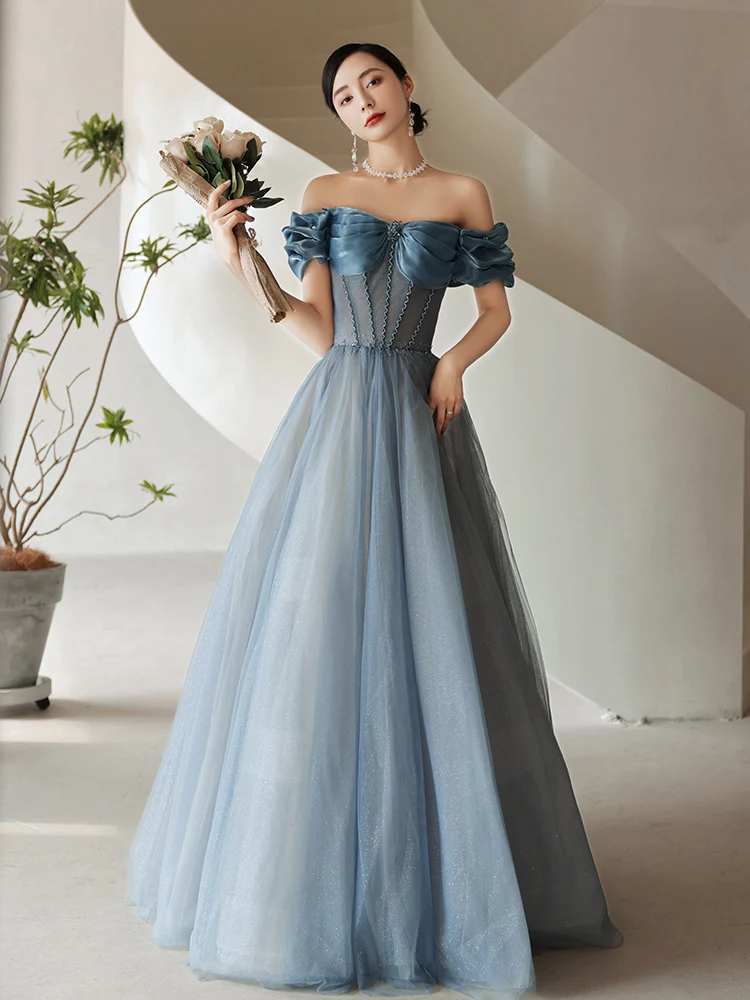 Customized Elegant Evening Dress for Women Grey Blue Boat Neck A-line Floor-length Long Prom Formal Gowns Vestido De Novia