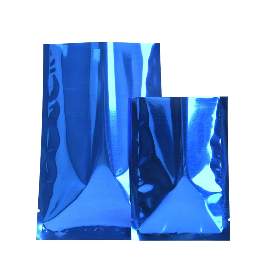 100Pcs/Lot Heat Vacuum Seal Tear Notch Food Snack Chocolate Candy Tea Storage Pack Pouches Glossy Blue Mylar Foil Open Top Bag