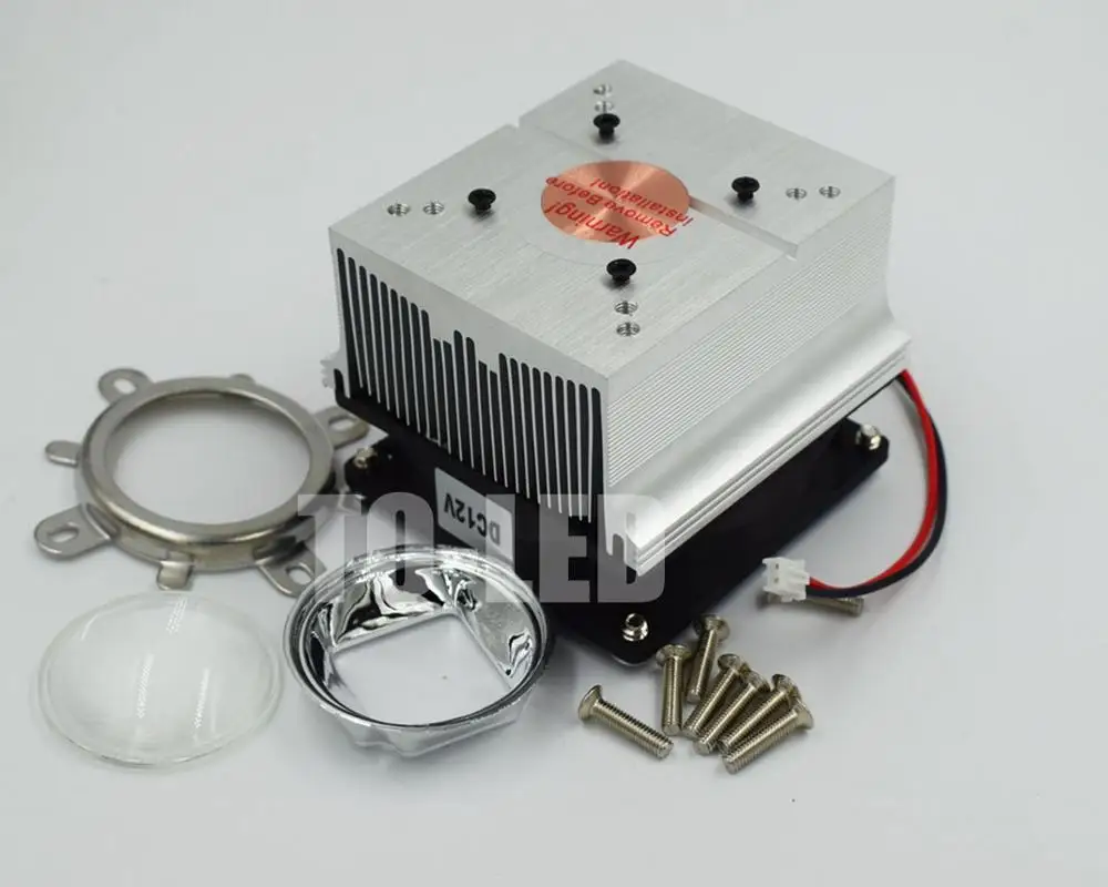 60/90/120degree Angle 44mm Optical Glass Lens with Aluminum Heatsink Fans Kits 20W 30W 50W 100W 120W High Power Led Radiator