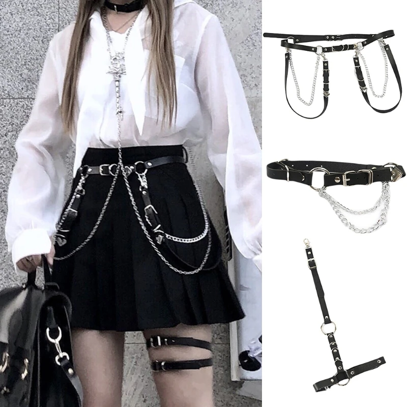 Black Faux Leather Chain Belt Goth Sexy Body Chain Skirt Punk Style Strap Waist Body Harness Dance Jewelry .