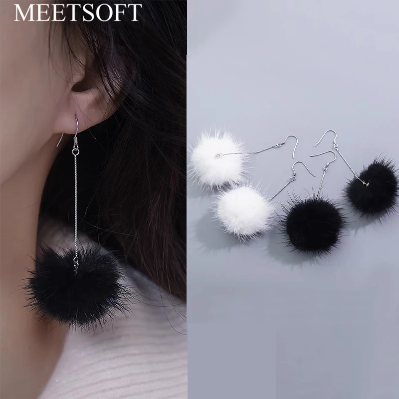 MEETSOFT Lovely 925 Silver Winter Multicolor Colorful Fluff Ball Drop Earrings for Women Trendy Cute Plush Jewelry Drop Shipping