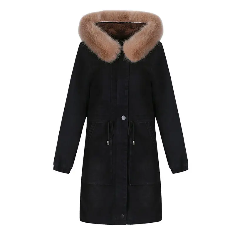 New Women\'s Denim Jacket Fur Parka Female 2023 Winter Jean Coat Women Jackets Black Denim Coats Woman Lambswool Outerwear H196