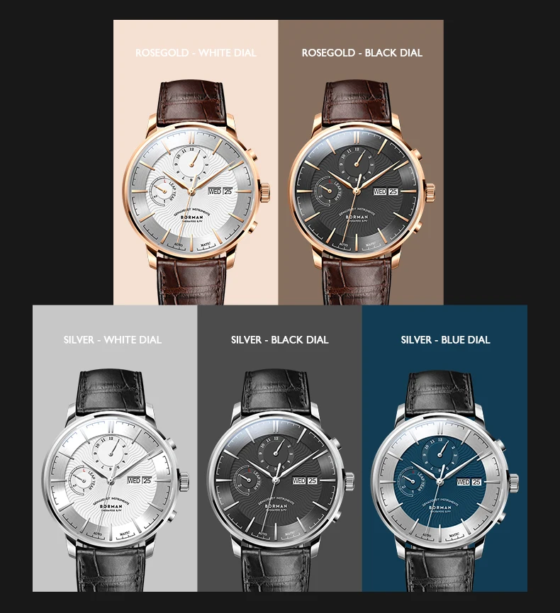 BORMAN Men Automatic Watch 41mm Mechanical Wristwatch Waterproof Sapphire Mirror Multi Dial Leap Year Month Week Date