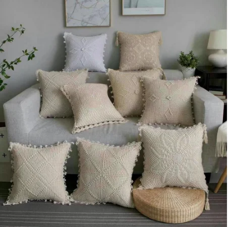 

Square Village Hand Made Crochet Tassel Cushion Cover 45CM Large Fashion Home Decoration White Ivory