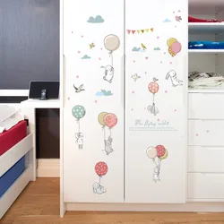 Cartoon Balloon Rabbit Wall Sticker For Kids Rooms Bedside Wardrobe Wallpaper Decoration Mural Art Decals Nursery Stickers