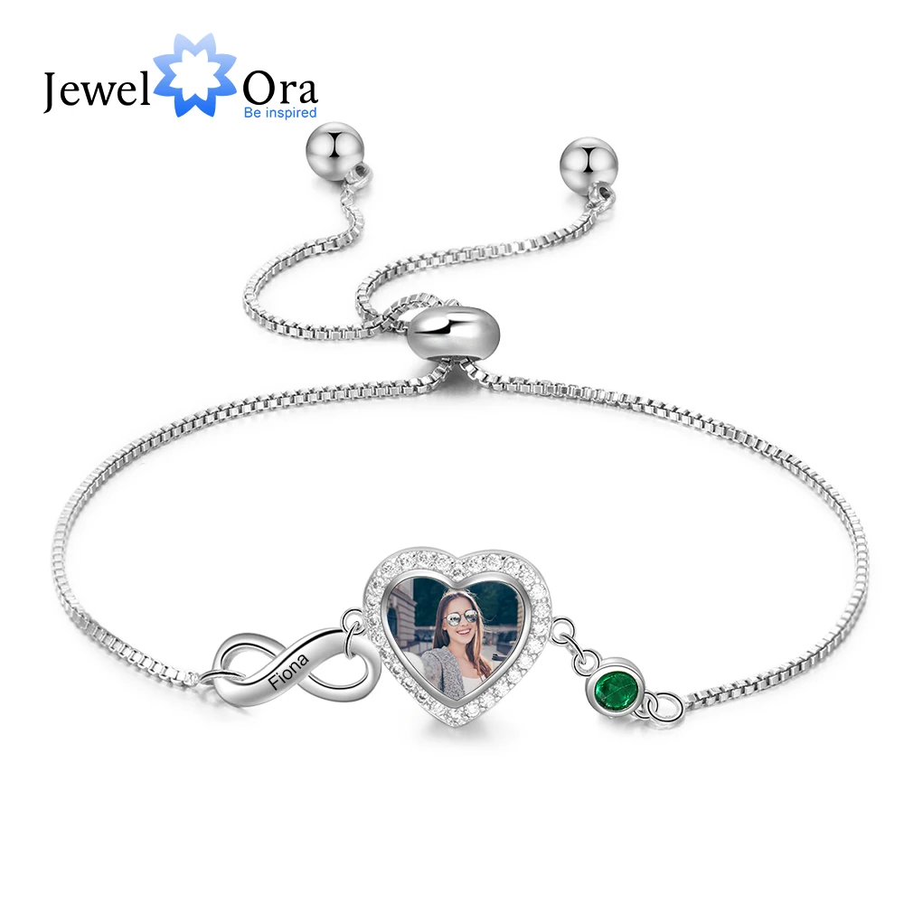 

JewelOra Personalized Heart Photo Infinity Bracelet Customized Birthstone Engraved Name Adjustable Chain Bracelets for Women