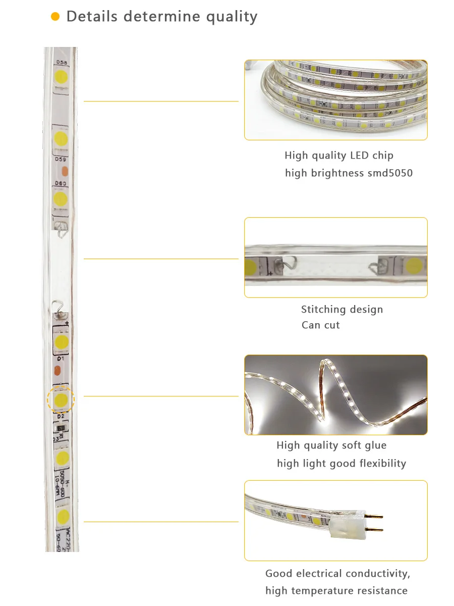 SMD 5050 AC220V LED Strip Flexible Light 60leds/m Waterproof Led Tape LED Light With Power Plug 1M/2M/3M/5M/6M/8M/9M/10M/15M/20M