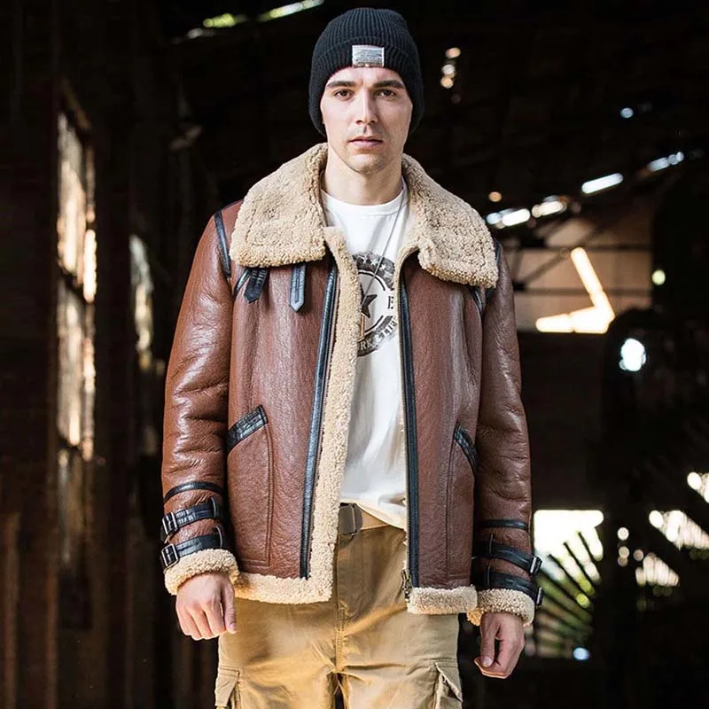 

Mens Shearling B3 Bomber Jacket - Natural Sheepskin Outerwear, Brown Leather Short Fur Overcoat