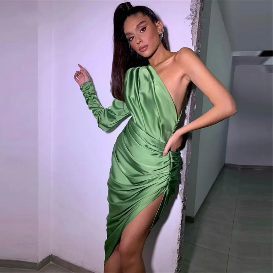 Fashion Satin One Shoulder Prom Party Dresses Long Sleeve Pleats Side Slit Tea Length Sexy Evening Gown Vestidos Robe De Soiree