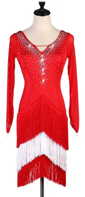 

latin dance competition dresses women samba rumba tango latin dance dress fringe red white lq137