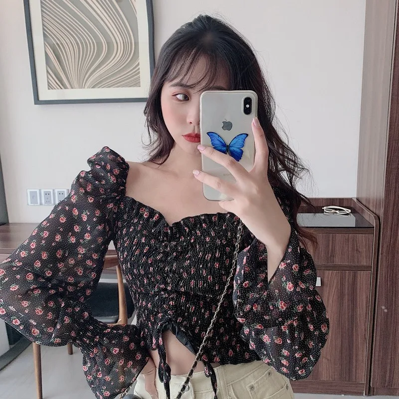 Floral Print Drawstring Crop Top Women Spring Fall Long Sleeve Purple White Chiffon Blouse Shirt Korean Style Ladies Short Tops