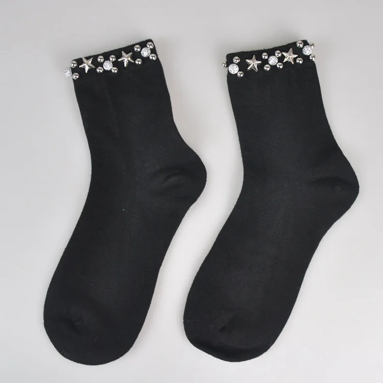 Chaussettes coréennes en coton avec perles pour femmes, Tube moyen, pour loisirs, à la mode