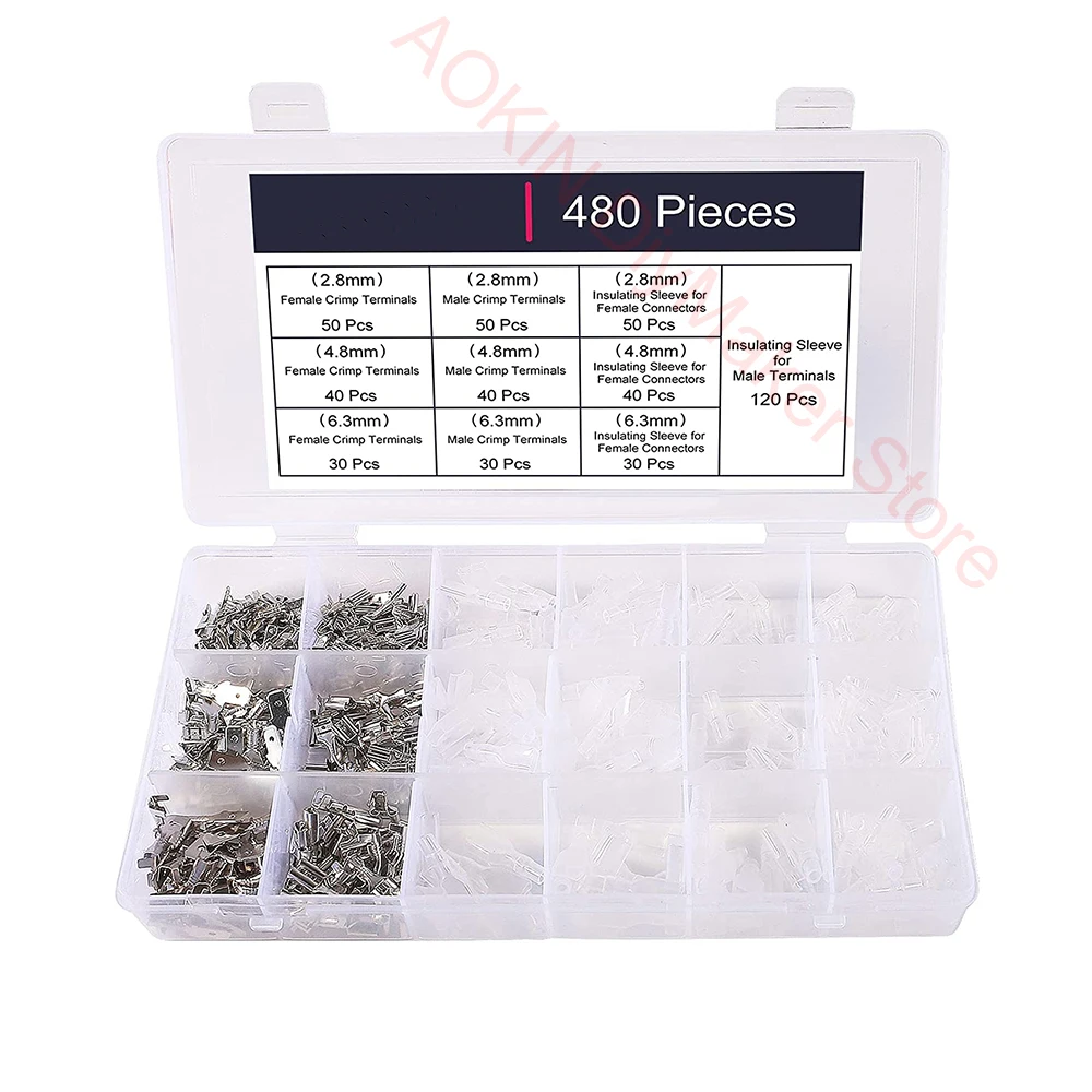 480 pcs Male Female Spade Connectors Wire Crimp Terminal Block with Insulating Sleeve Assortment Kit