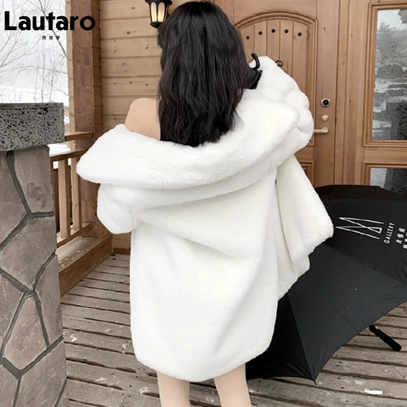 Lautaro Winter Warme Weiß Faux Pelzmantel Frauen Langarm Revers Zweireiher Luxus Elegante Flauschigen Gefälschte Kaninchen Fell Blazer