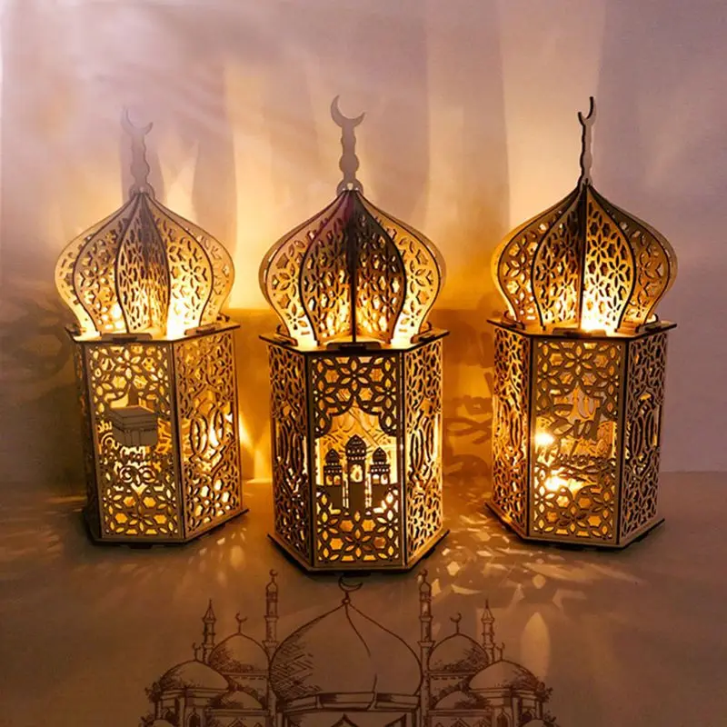 Muslim Festival Light Ramadan Eid Mubarak Decorations Wooden LED Lamp Palace Lighthouse Islam Party Supplies