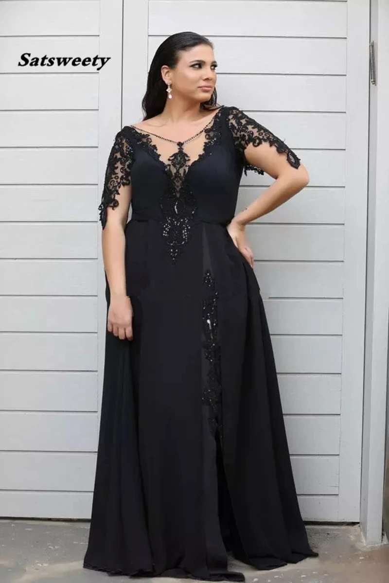 Vestidos de Fiesta de talla grande con apliques de encaje, elegante, con mangas largas, cuello transparente, vestidos de noche con abertura para madre de la novia