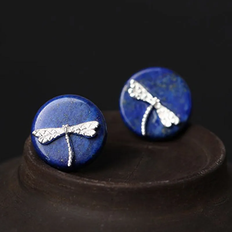 Creative Earrings for Woman s925 Silver Ethnic Style Handmade Lapis Lazuli Dragonfly Simple Retro Personality Women's Earring