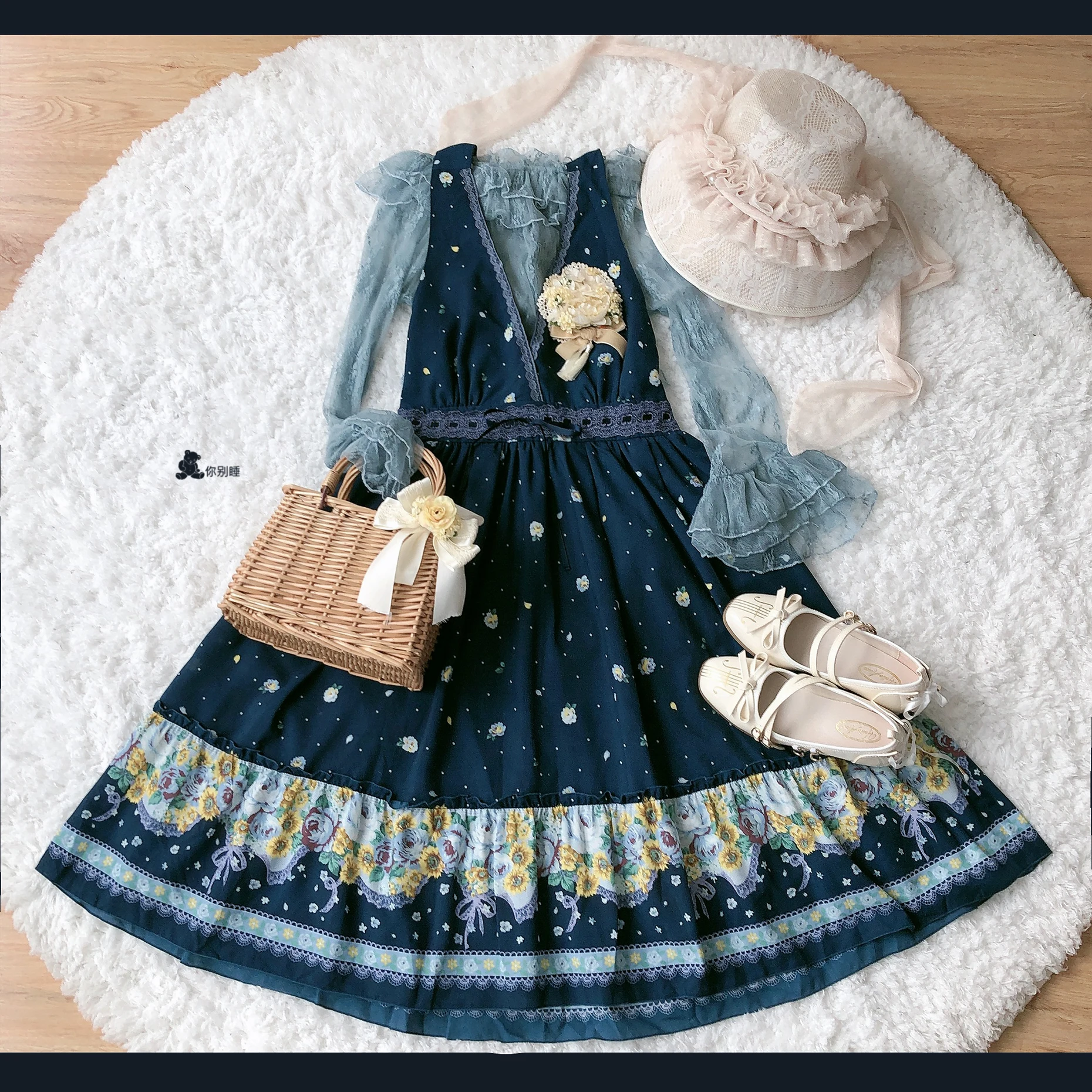 Robe d'été Kawaii pour filles, col licou, couture en dentelle, style de vacances, impression victorienne, taille haute, JSK, bleu, Cosplay Lolita Loli