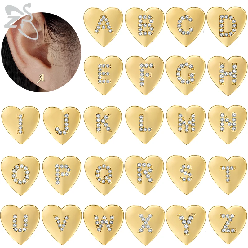 

ZS 1 Pair 26 Letters Stud Earring for Women Girl Heart Earring Gold Color Alphabet Zircon Studs Ear Helix Cartilage Piercings