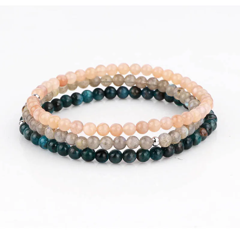 

High Quality 3pc/set New Cute Design Lady Bracelet Small Size 4mm Natural Stone Beaded Stretch Bracelet Set Women