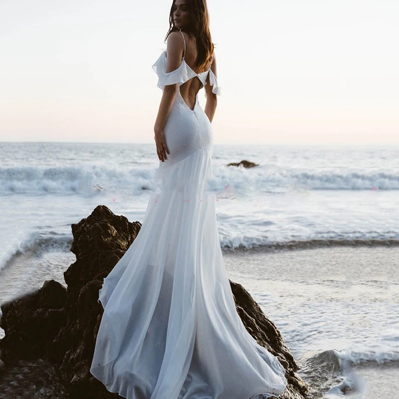 Customized Elegant Long Mermaid Wedding Dresses White 2025 Spaghetti Straps Backless Short Sleeve Beach Chiffon Sweep Train