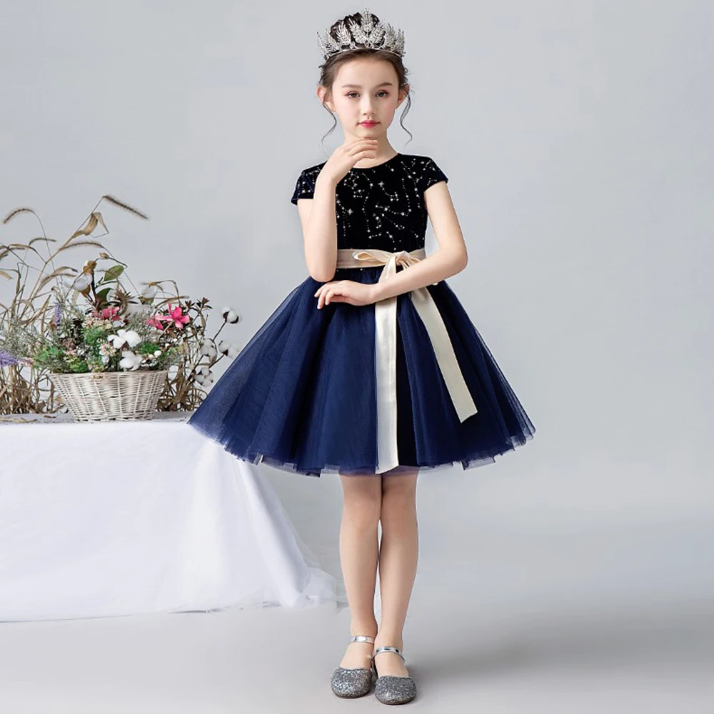 Dideyttawl Short Flower Girls Dresses Tulle Knee-Length Junior Bridesmaid Dress Kids Birthday Party Pageant Gowns Navy Blue