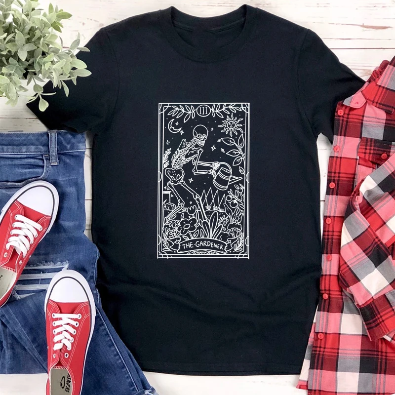 The Gardener 100% Cotton T-shirt Aesthetic Botanical Gardening Skeleton Tarot Top Tee Shirt Funny Crazy Plant Lady Gift Tshirt