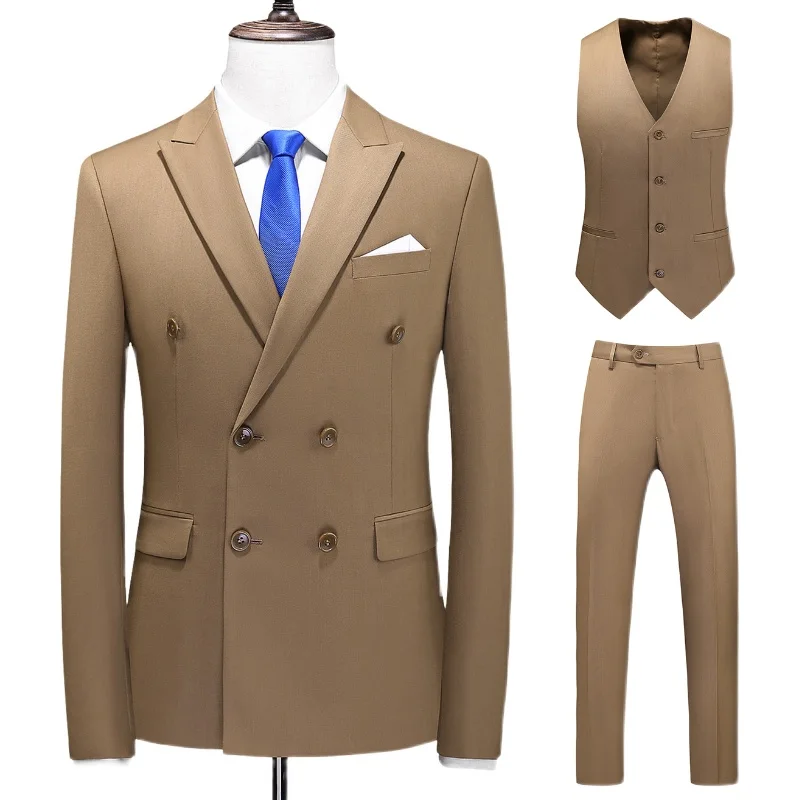 Formal Men Suits Double Breasted Solid Classical Slim Fit Tuxedo Male Suit 3 Pieces (Vest+Jacket+Pants)