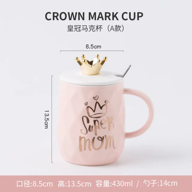 Queen Crown Mark Cup Mug With Crown 400-500ML Lid and Spoon Ceramic Coffee Cup Gift for Girlfriend Wife Birthday Ceramic Cups