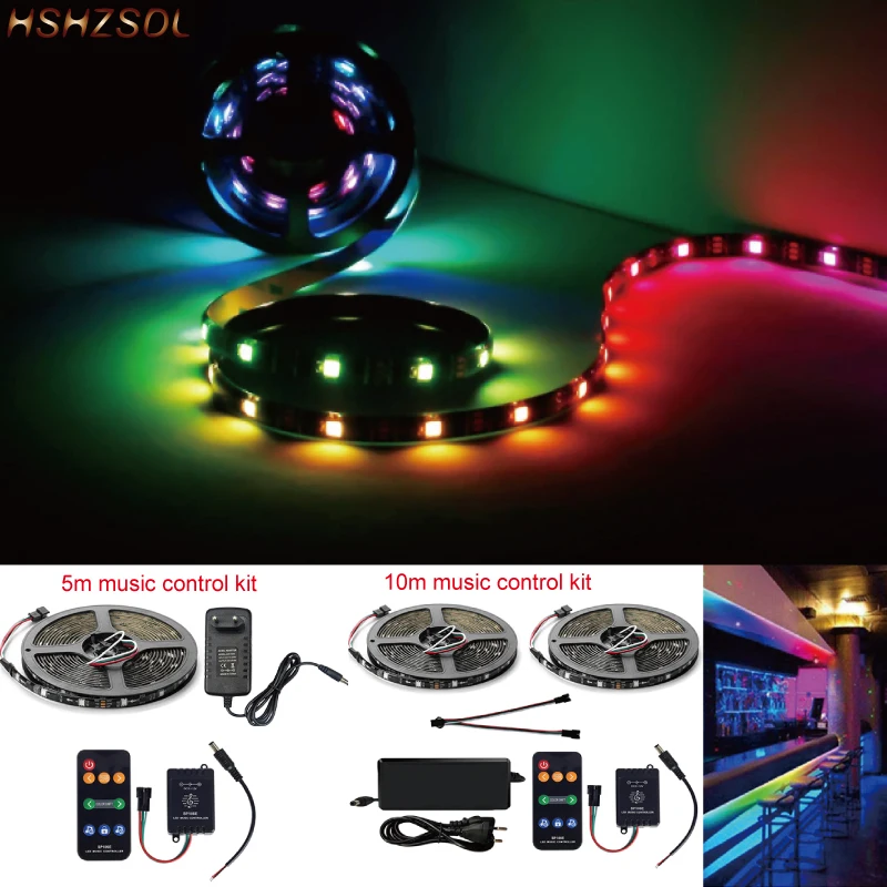 

SP106E 9keys Music control LED Strip set Music Sync Dream Color WS2811 RGB SMD5050 Strip Lighting with Remote Power Adapter kit