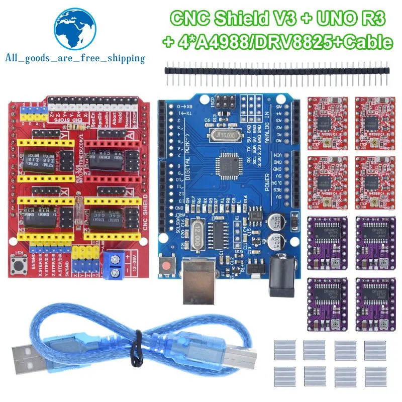 

TZT CNC Shield V3 Engraving Machine 3D Printe+ 4pcs DRV8825 Or A4988 Driver Expansion Board For Arduino + UNO R3 With USB Cable