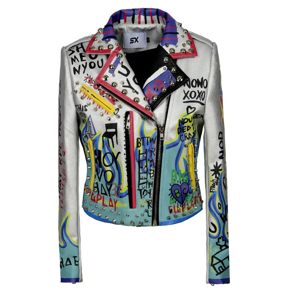 Nuova giacca donna Casual Graffiti cartone animato stampato borchie cappotto manica lunga capispalla moda Slim Street autunno inverno Streetwear