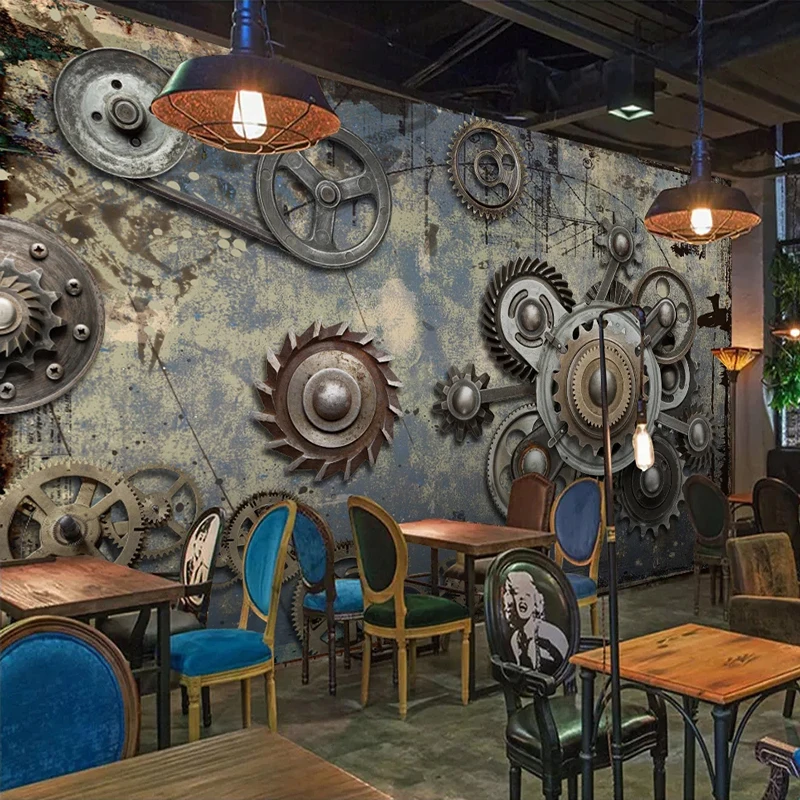 Custom Photo Mural 3D Stereoscopic Retro Nostalgic Creative Mechanical Gear KTV Bar Cafe Restaurant Background Art Wall Painting