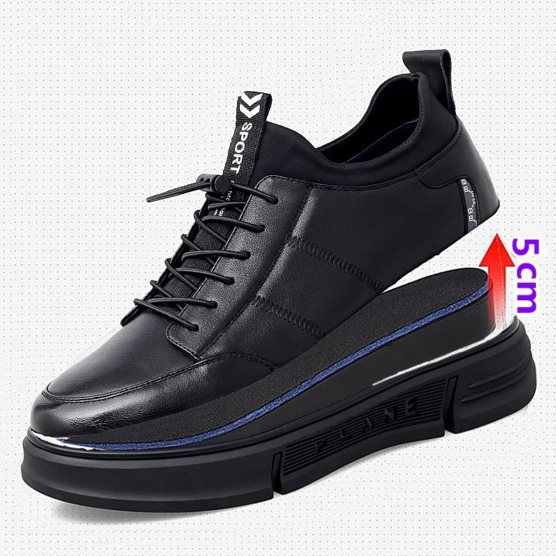 FUQIAO New Genuine Leather Elevator Shoes Men Sneakers Height Shoes Height Increase Shoes Tall Shoes Insole 5CM Sports Shoe