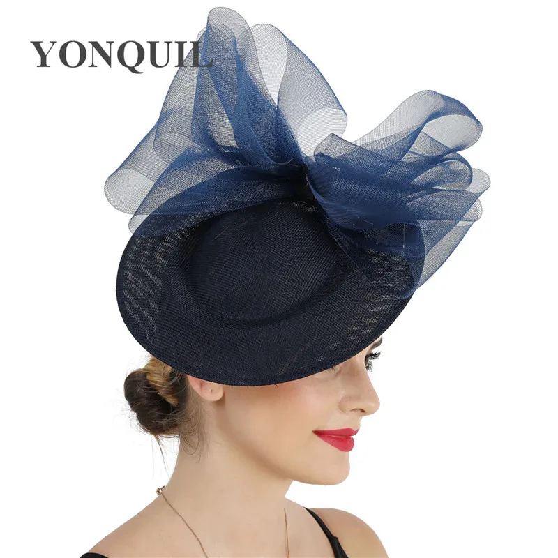 Imitation Sinamay Navy Wedding Headwear Women Fascinator Hat With Bow Hair Accessories Cocktail Race Headpiece Hairpin Mesh Hats