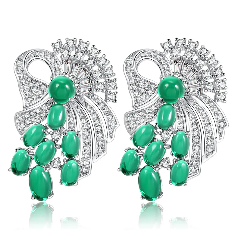 

EYER High Quality Fashion Luxury Green Cubic Zirconia White CZ Silver Plated Feather Big Stud Earrings For Women Brincos Jewelry