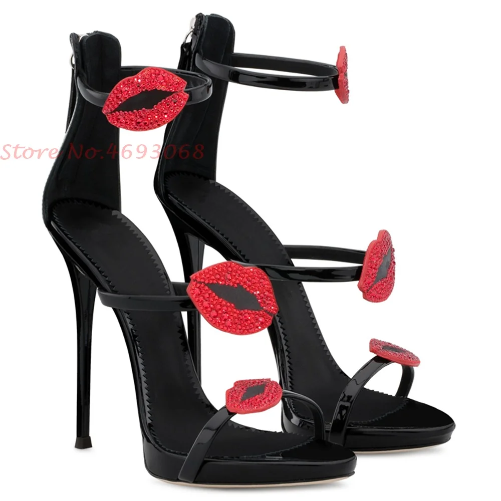 Crystal Red Lips Women Sandals Party Ankle Wrap Back Zipper Kid Suede Female Shoes Round Toe High Stiletto Heels Casual Fashion