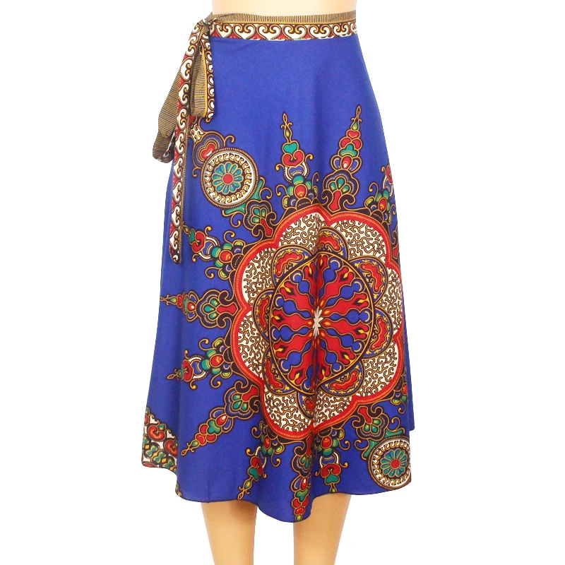 

Vintage Dashiki Skirt Women Blue Printed Sashes A-Line 100% Cotton Summer African Skirt for Ladies