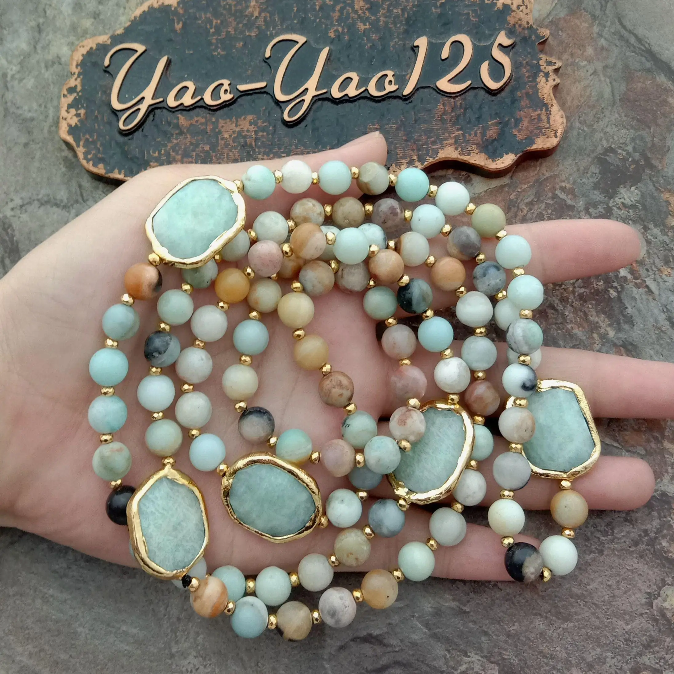 42\'\' 8mm Mixed Color Amazonite Gold color Plated Amazonite Nugget long Necklace sweater chain necklace for women