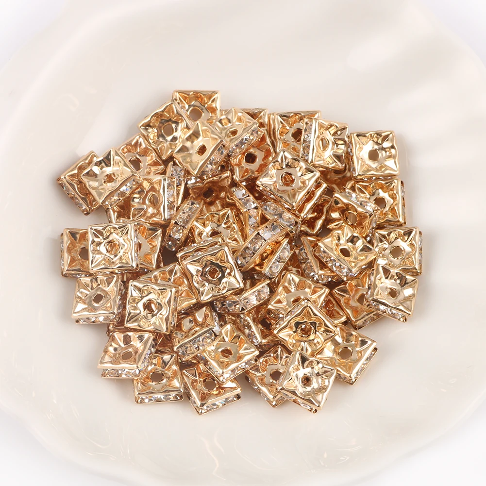 50pcs Square Metal Rhinestone Crystal Rondelle Beads Gold Silver Color 6 8mm Loose Spacer Beads for Jewelry Bracelet Making
