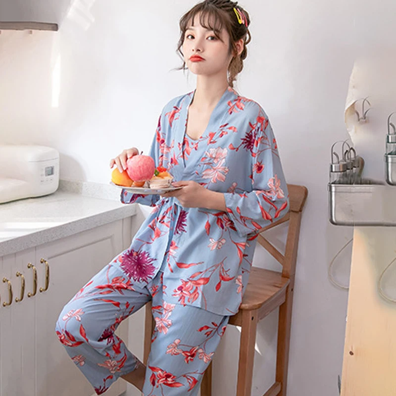 Women\'s Pajama Robe Set Sleepwear Suit Flower Printed Pijama Warm Home Clothing Nightwear Pyjama Women Sexy Lingerie 3 pieces