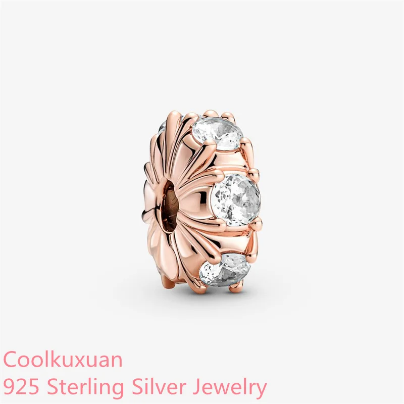 

Winter 925 Sterling Silver Long Pronged Sparkling Clip Charm Rose gold beads Fits Original Pandora bracelets Jewelry Making