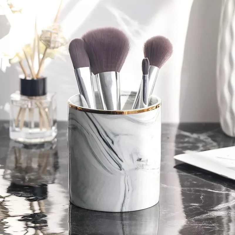 Nordic Ins Marble Pattern Pen Holder Cosmetic Brush Storage Box Makeup Brush Holder Ceramic Jar Home Table Decoration Container