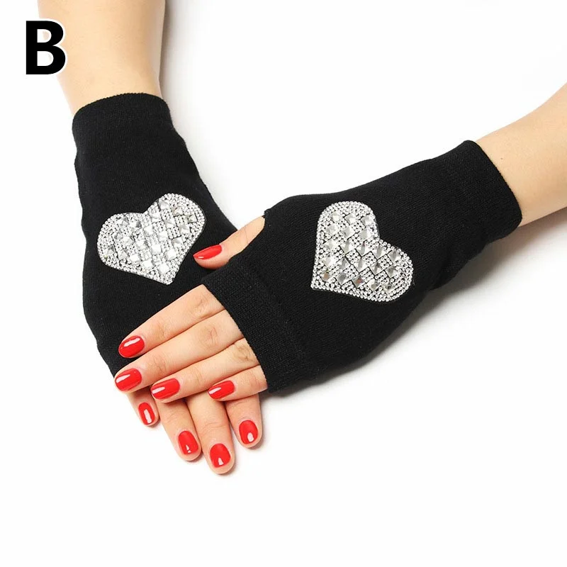 Frauen Halb Finger Hand Wärmer Fingerlose Handschuhe Funkelnden Gestrickte Handschuhe Winter Schwarz Strass