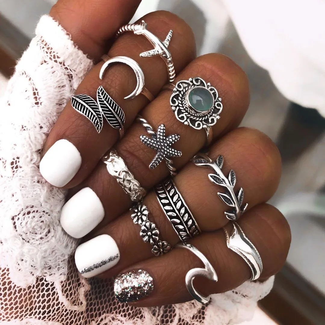 

HI MAN 11pcs/set Bohemian Mixed Airplane Moon Leaf Starfish Flower Ring Women Personality Vintage Party Gift Jewelry