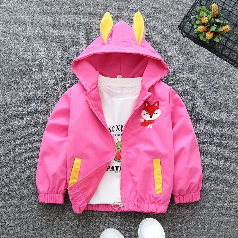 Cartoon Girls Jackets Cute Little Fox Kids Windbreaker Hooded Baby Coat Spring Autumn Children Outwear Toddler Girl Clothes 1-6Y