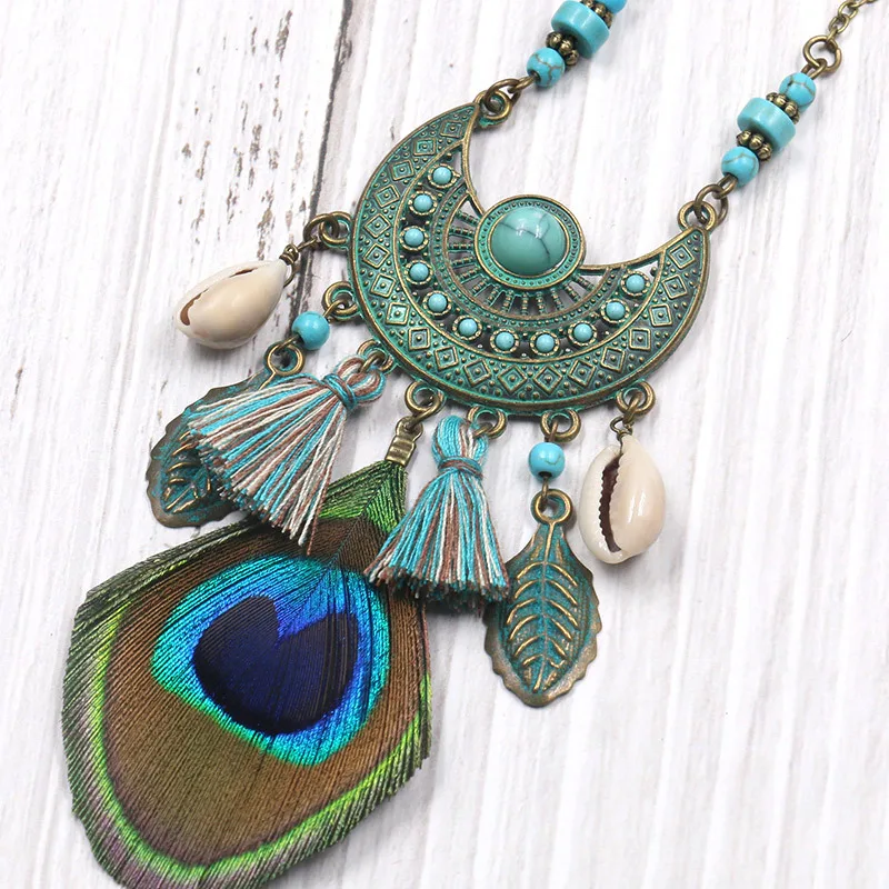 Women\'s Ethnic Boho Peacock Feather Tassel Necklace Vintage Summer Moon Alloy Shell Chain Necklace Tibetan Indian Jewelry